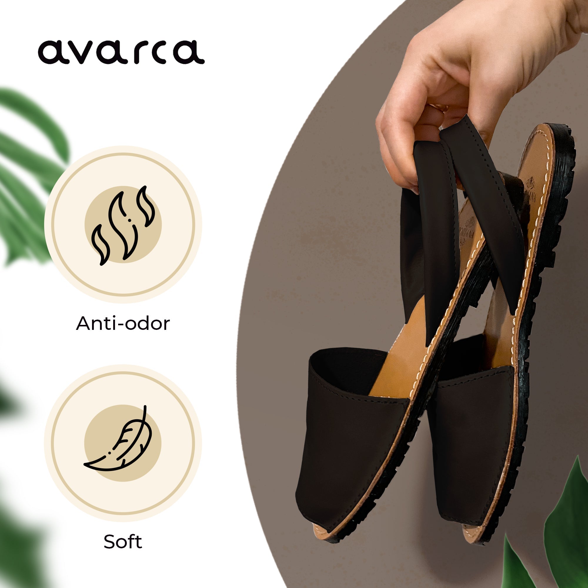 Avarca Leather  Open Toe Black Sandals for Women