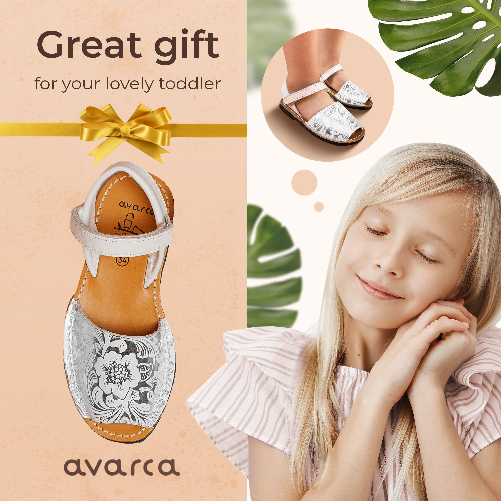 Avarca Leather Toddler Girl White Silver Sandals