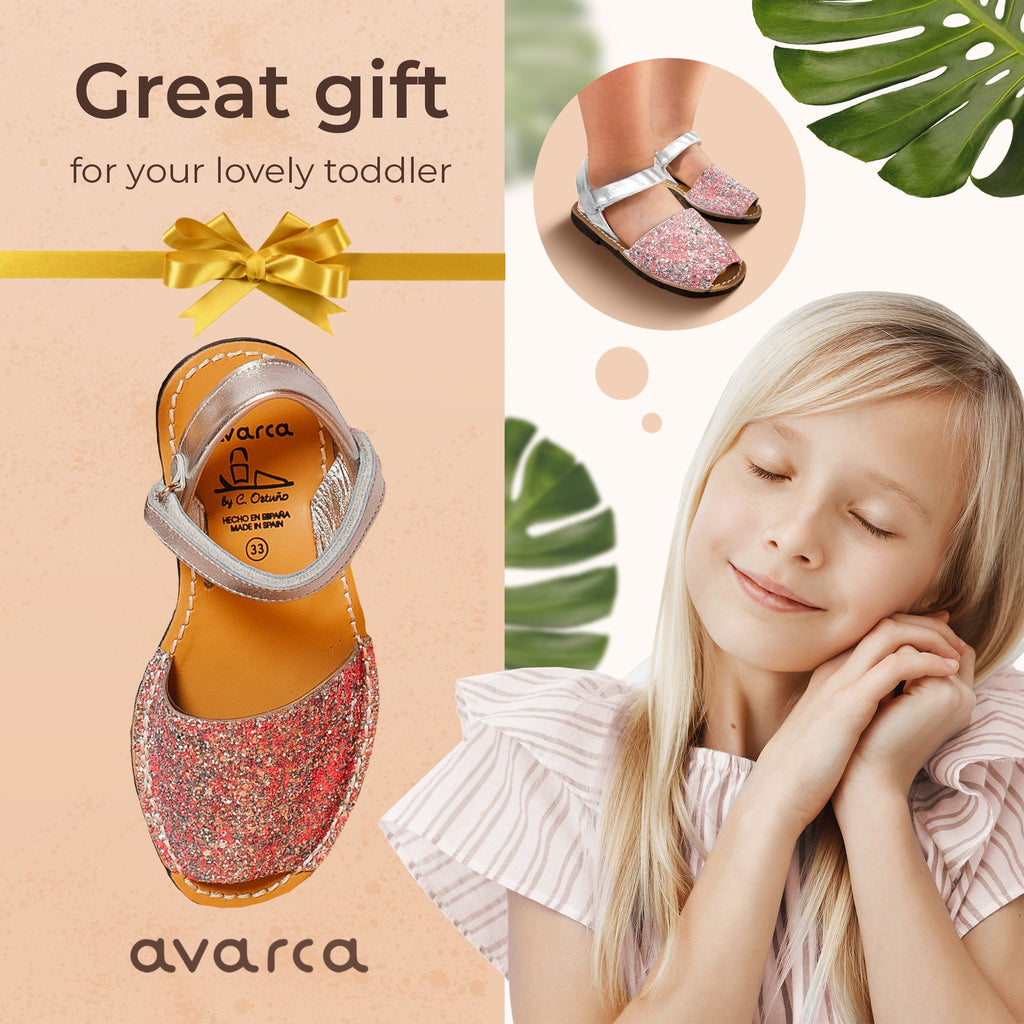 Avarca Glitter Leather Pink Silver Sandals for Girls