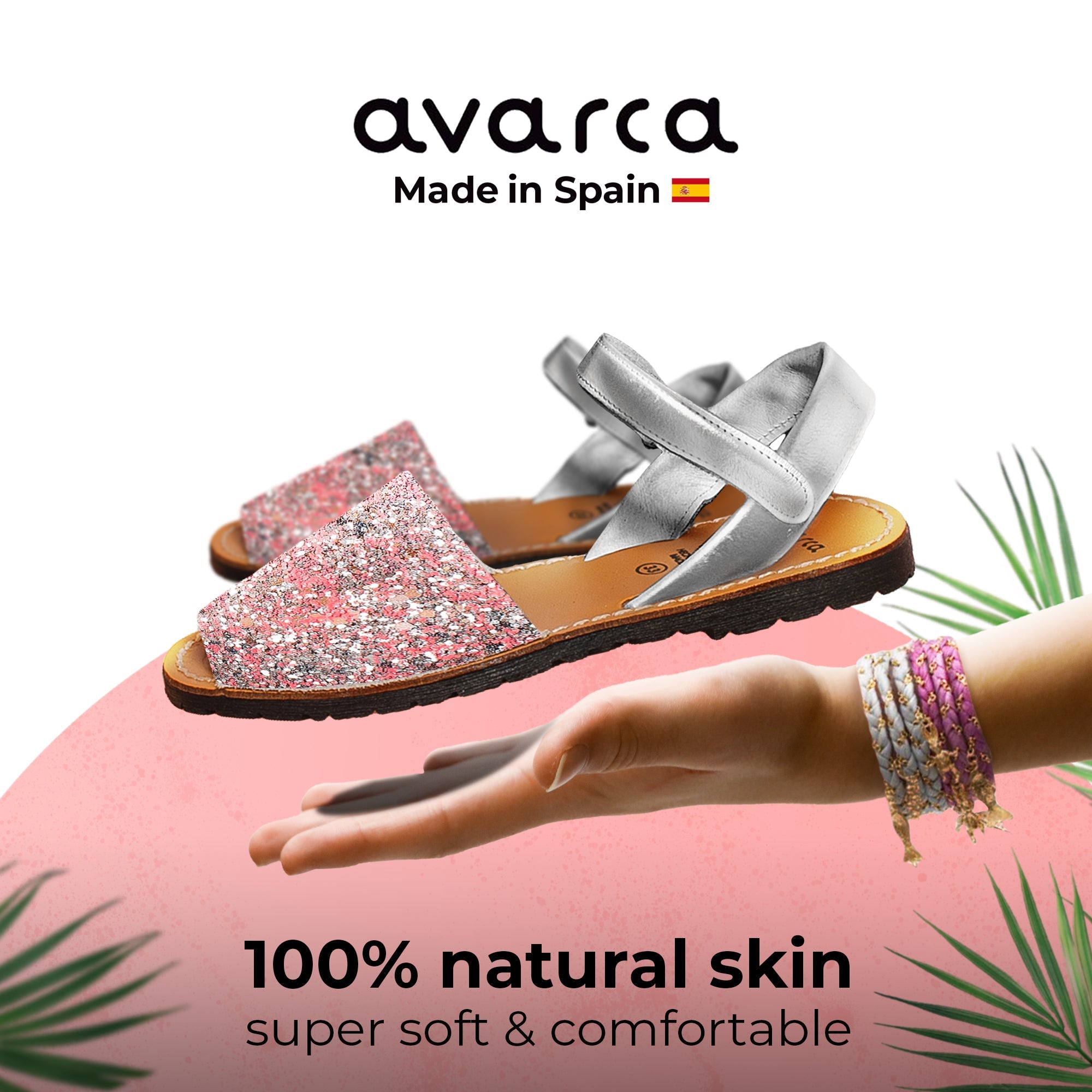 Avarca Glitter Leather Pink Silver Sandals for Girls