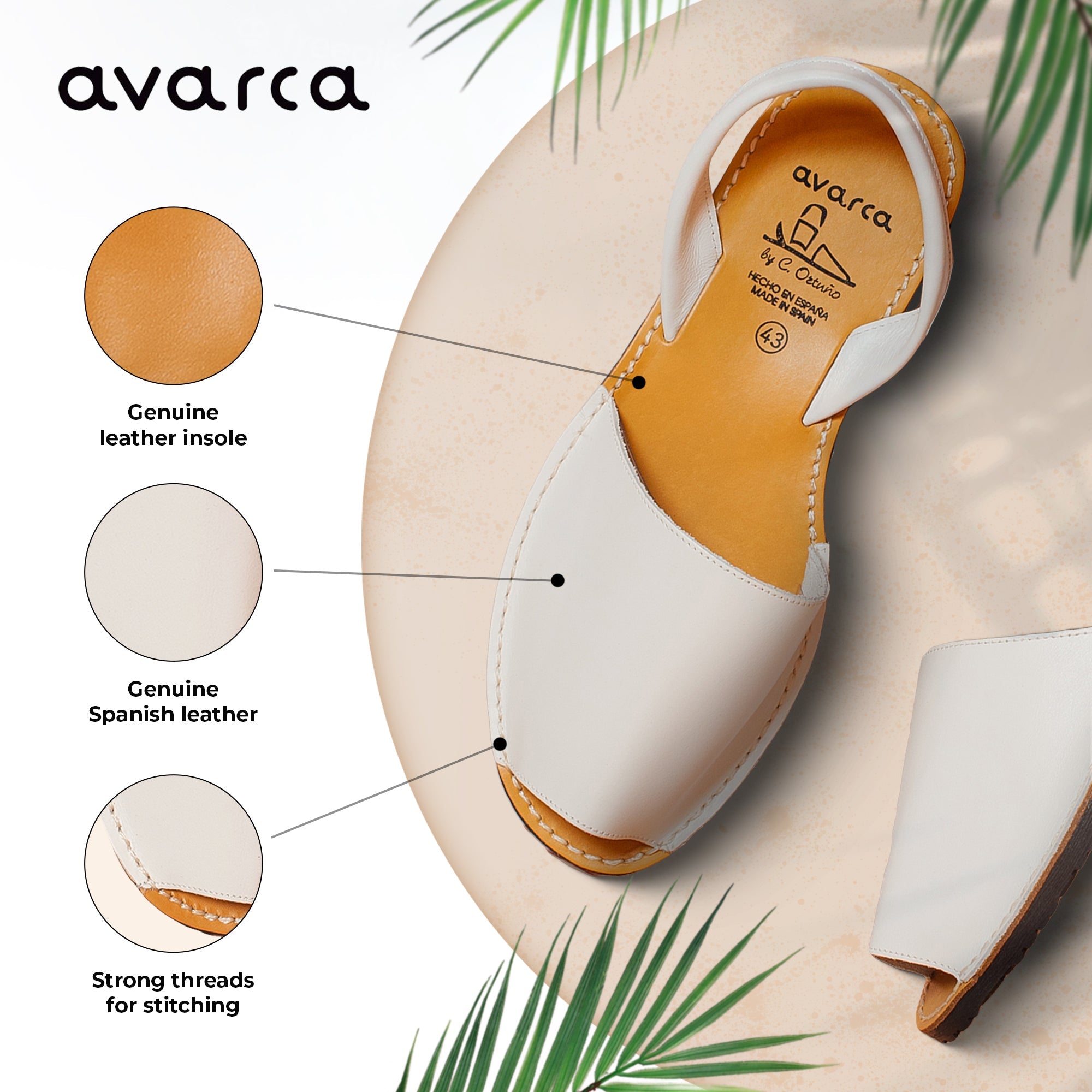 Avarca Lightweight Leather White Sandals for Women