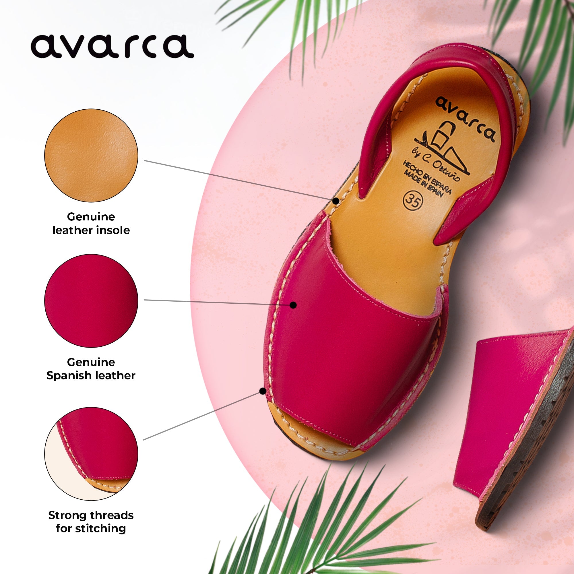 Avarca Lightweight Leather Fuchsia Dressy Sandals for Women