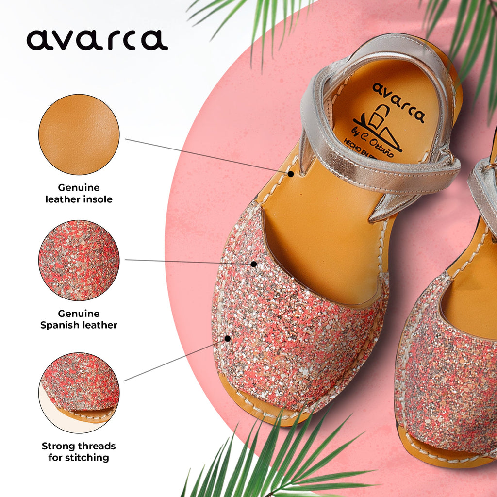 Avarca Glitter Leather Pink Silver Sandals for Girls