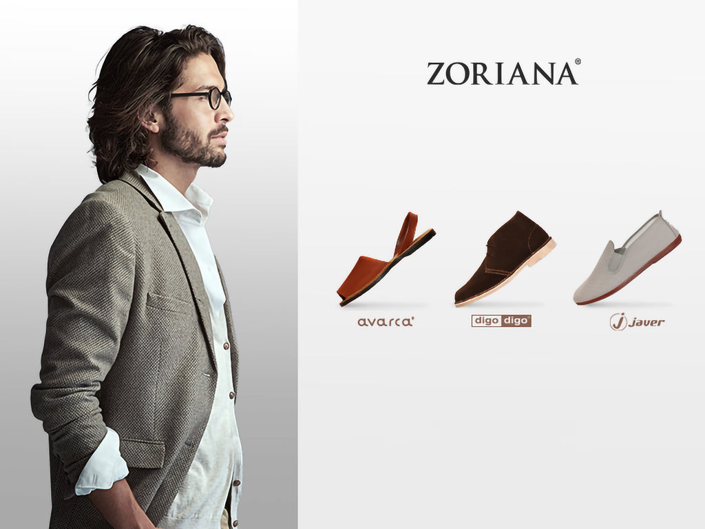 ZORIANA men's footwear collection – stylish man in blazer next to Avarca sandals in tan, Digo Digo brown suede shoes, and Javer beige slip-ons.