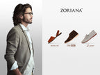 ZORIANA men's footwear collection – stylish man in blazer next to Avarca sandals in tan, Digo Digo brown suede shoes, and Javer beige slip-ons.